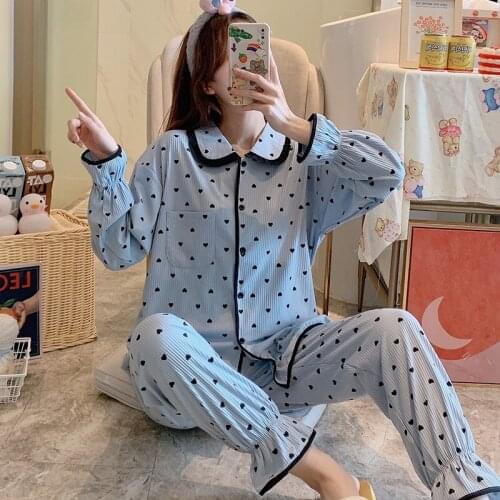 2021 Spring Autumn Long Sleeve Cotton Pajama Set for Women Korean Loose Sleepwear Suit Pyjama Homewear Pijama Mujer Home Clothes