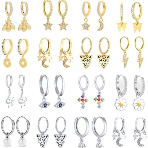 CANNER Hoop Earrings Black Panther Moon Star Cross 925 Sterling Silver CZ Huggie Earring For Women Aros Kiwi Pendientes Brincos