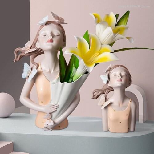 Bouquet girl sculpture ornaments statue lovely creative resin gift living room flower arrangement modern home decoration