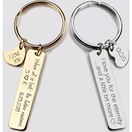 HUHUI Custom Letter Keychain With Heart Personalized Rectangle Pendant Stainless Steel Jewelry Family Husband Fathers Day Gift