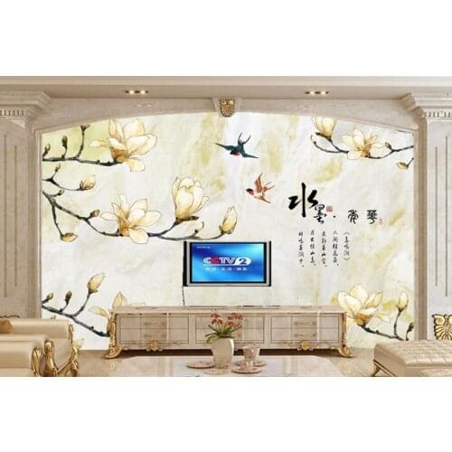 Chinese magnolia flower marble TV background wall 3d mural,restaurant living room tv sofa wall bedroom wallpaper papel de parede