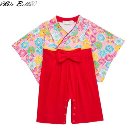 Traditional Japanese Style Baby Girls Kimono Rompers Cotton Performance Asian Clothing 0-2 Years Old Infant Costume