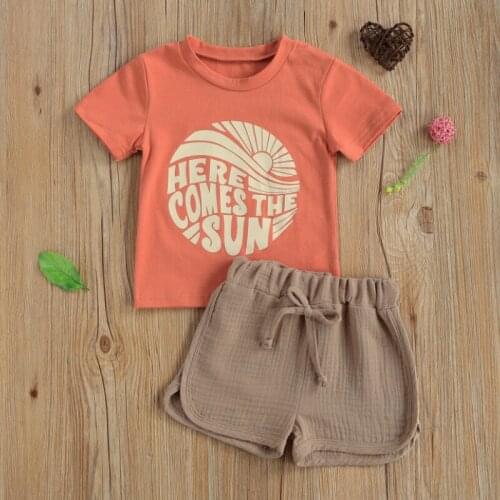 Toddler Baby Pattern Printing Two-pieces Set, Infant Boys O-neck Short Sleeve Letter Tops + High Waist Shorts Set Summer 2021