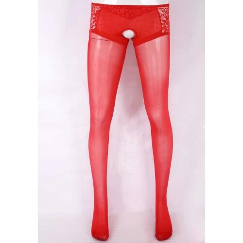 Mens Exotic Lingerie Pants Lace Patchwork Crotchless Pantyhose Sheer Stockings Stretchy Long Pants Leggings Sissy Nightwear