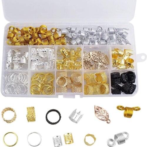 180PCS Hair Rings Tubes Beads Silver Gold Metal Hair Cuffs Dreadlocks Jewelry Accessories Kit for Braids Dreads with Box