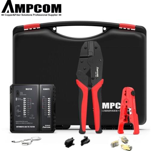 CAT7 RJ45 Crimper Tool Kit, AMPCOM CAT7 Ethernet Crimping Tool Set with CAT7 shielded Connector, Wire Stripper, Cable Tester