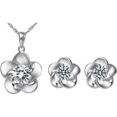 Wholesale New 2018 Spring Season Rhodium Silver Plated Zircon Plum Flower Necklace&Stud Earrings Wedding Women Fashion Jewelry