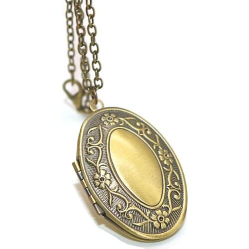 1PCS Retro Brass Oval Pattern Openable Photo Lockets Phase Box Pendant Necklace Memorial Free Chain