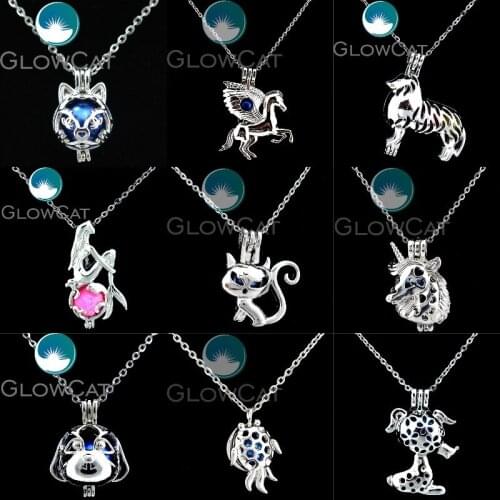 K909 Cartoon Long Tail Cat Beads Cage Perfume Essential Oil Diffuser Stone Pearl Cage Locket Necklace Pendants for Oyster