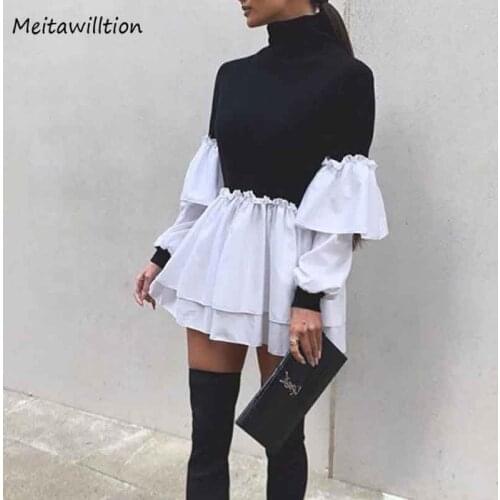 Casual Patchwork Shirt Dresses Women Black White Turtleneck Puff Sleeve A-Line Dress 2021 Spring Autumn Sexy Mini Party Dress
