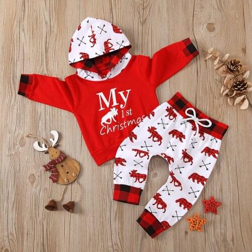 Babys Boys Girls Chrismtas Set Christmas Print Long Sleeve Hooded Sweater and Pants 2pcs Suit for Birthday Party Photography