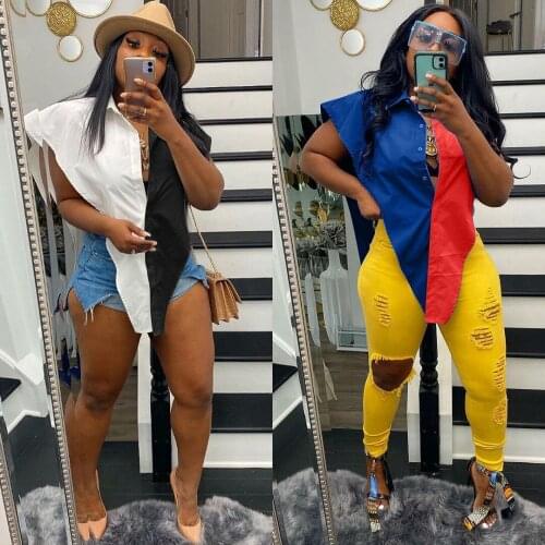 Sexy Patchwork V-shaped Shirt Summer Sleeveless Button Up Tops Women Turn Down Collar Casual Y2k Streetwear Club Party Wear