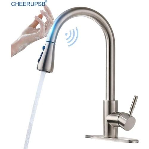 Kitchen Touch Faucet Smart Touch Automatic Tap Sink Pull Out Stainless Steel Crane Hot Cold Mixer Auto Grifo Hole Plate Cover