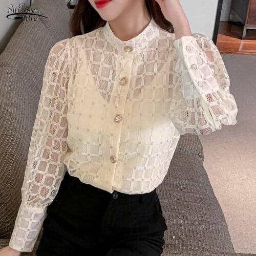 2021 Spring Womens Standing Collar Long Sleeve with Mesh Bottom Coat French Lace Shirt Womens Autumn and Winter Shirt 12957