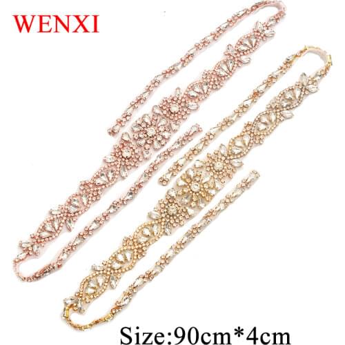WENXI (1 pcs) 90cm Handmade Beaded Rhinestones Appliques Rose Gold Crystal For Bridal Dress Sash WX907