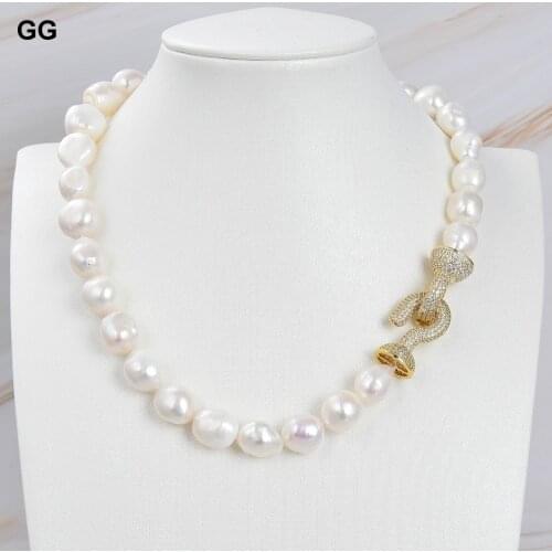 GG Jewelry Natural Big White Baroque Keshi Pearl Gold Color Plated Connector CZ Clasp Necklace For Women Lady Gift Jewelry
