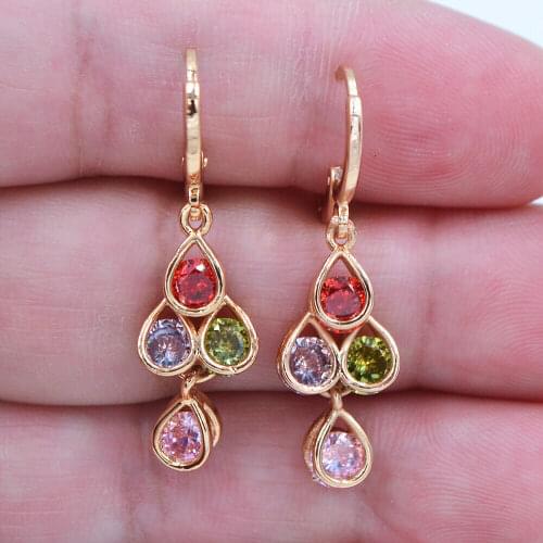Gold Color Women Fashion Multicolor Zirconia CZ Water Drop Dangle Earrings Jewelry