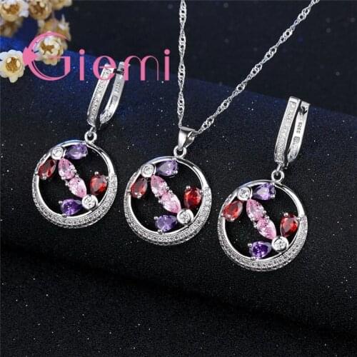 Fashion Engagement Fine Jewelry Sets Hot Hollow Round Shape Luxury 925 Sterling Silver Necklace Earrings for Women Female