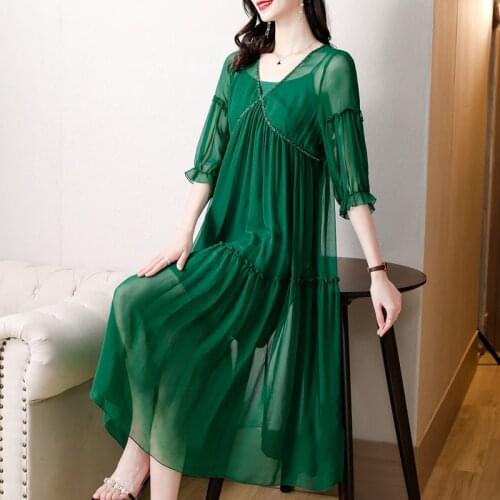 Women Summer Green Mulberry Silk Beach Midi Dress 2021 Vintage Solid 3XL Plus Size Chiffon Dress Elegant Bodycon Party Vestidos
