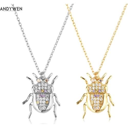 ANDYWEN 925 Sterling Silver Gold House OF Beetles Luck Beetle Amulet Pendant Long Chain Necklace 2021 Wedding Jewelry Gift
