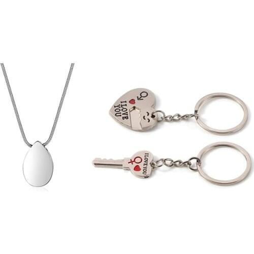 1 Set Teardrop Shape Of Waterdrop Cremation Urn Necklace & 1 Pair I Love You Heart Shape Couple Key Chain Ring