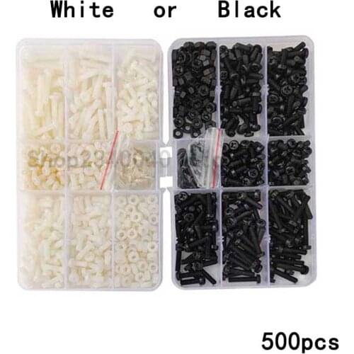 500Pcs/set M4 Metric Threaded Black or White Nylon Plastic Phillips Pan Head Bolt length 6mm-25mm Cross Round Screw Assorted Kit