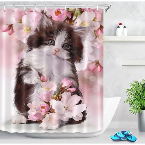 72''3D Cute Cat Kitten Watercolor Shower Curtains Pink Flowers Waterproof Polyester Bathroom Curtain Fabric for Bathtub Decor