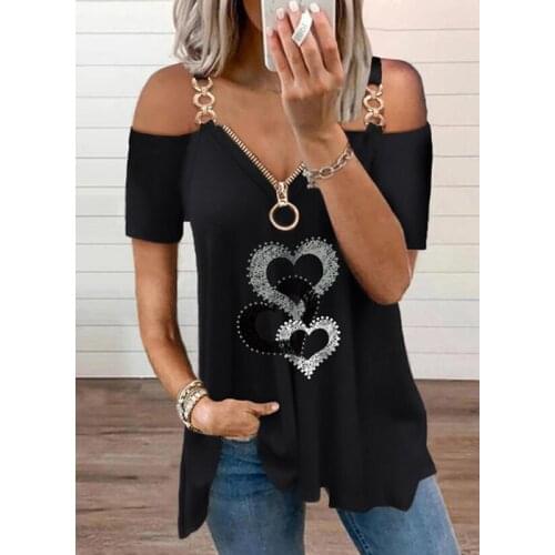 Blouse Women Sexy Cold Shoulder Heart Print Strap Tops V-neck Summer Vest Casual Short Sleeve Shirts Top Blouse Plus Size