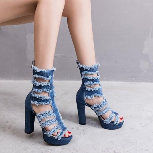 Personalized High Heel Boots, Womens Shoes, Fashion Denim Ankle Boots (Height 12cm 4.72inches)