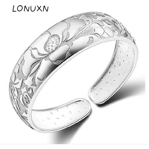 High quality 36g Large width bangle 999 Sterling Silver Lotus Charm Bracelet For Women Open Adjustable Simple Brand Love Jewelry