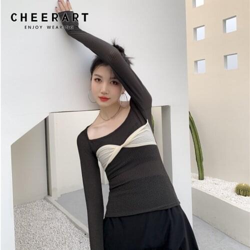 CHEERART Grey Long Sleeve Tees Square Neck Top Bodycon T Shirt Knitted Korean Style Bow Ladies Top Spring Clothes For Women