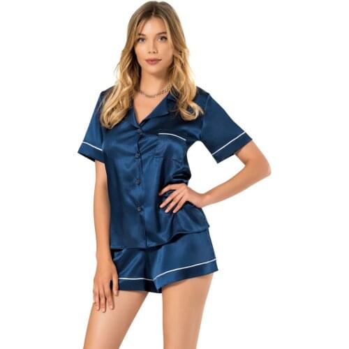 NUNELL Women Navy Blue Satin Piping Button Shorts Suit