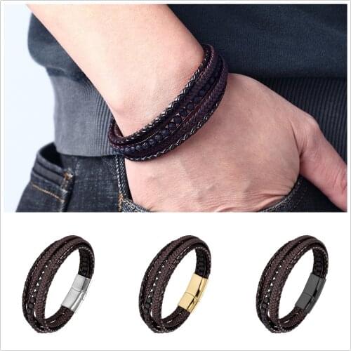 Punk Men Braid Bracelet Multilayer Leather Natural Lava Stone Beaded Bangle Stainless Steel Magnetic Clasp Male Jewelry