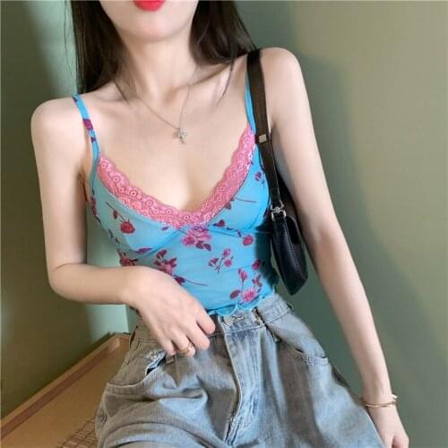 New 2021 Spring Summer Women Tops Floral Bra Padding Tank Basic Bottoming Vest Lace Sexy Wild Short Crop Tops E725