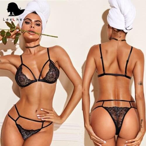 Leechee New Sexy Lingerie Womens Lace Transparent Three-point Bra Panties Two-Piece Set Bandage Printing Erotic Underwear