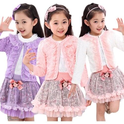 Autumn Children Princess Flower Girls 3 pcs Clothing Set Short Mini Jacket Blouse Shirt Lace Tutu Skirt For 2 4 7 Years Girl Set