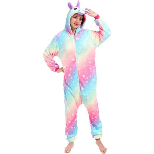 Unicorn Pajamas Onesie Animal Women Adults Hooded Stitch Sleepwear Winter Flannel Christmas Deer Unicornio Pijamas Costume