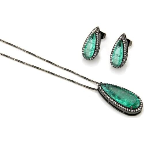 Lucky Sonny Tourmaline Fusion Jewelry Set Party Pear Earrings & Necklace Lindo Joyeria Ice CZ Crystal Brincos Collar Semijoyas