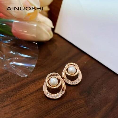 AINUOSHI New Korean Simple Stud Earrings Real S925 Sterling Silver Synthetic Pearl Fashion Earrings For Women Fine Jewelry Gift