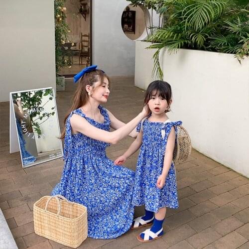 Blue Floral Mom and Daughter Dress Twin Babies Clothing Family Set Flower Mom Mum Baby Mommy and Me Clothes Chiffon