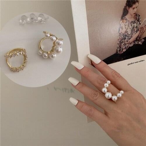 U-Magical Temperament Faux Pearl Rhinestone Open Rings for Women Gold Color Metallic Hollow Adjustable Index Finger Ring Jewelry