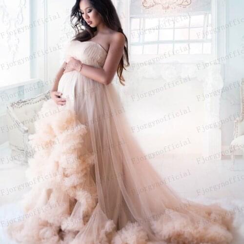 Vintage Strapless A-Line Evening Gowns Ruffles Tulle Maternity Dress Sweep Train Prom Gown Pregnant Dresses for Photoshoot