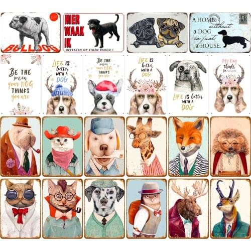 Vintage Tin Signs Animal In Clothes Dog Cat Walrus Giraffe Fox Hedgehog Owl Reindeer Elk Gamer Room Decor Door Sign Kids Gift