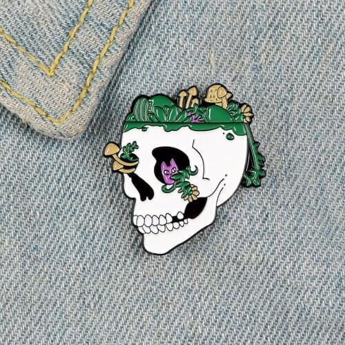 Vintage creative rebirth skull brooch plant little girl mushroom skeleton punk pin bag bag decoration badge