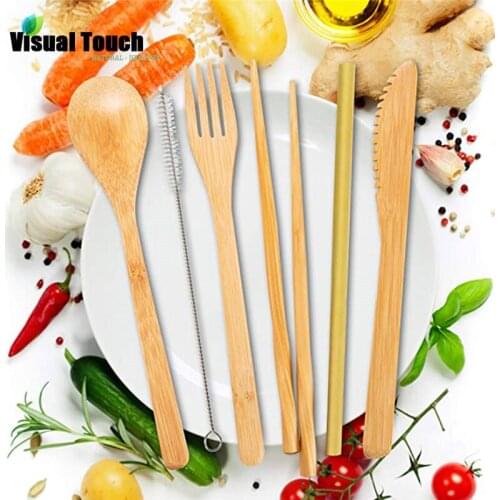 Visual Touch Outdoor Portable Bamboo Tableware Set Spoon Fork Twist Chopsticks Straw Brush Cloth Bag Cutlery Dinnerware Suit