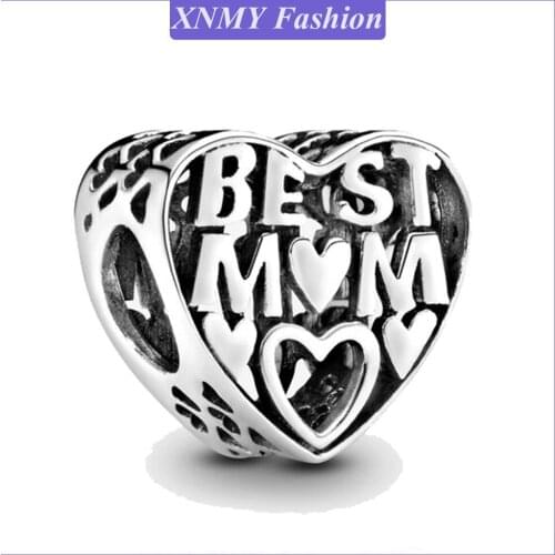 XNMY Hot Sale Silver Color Best MOM Heart Charm Beads Fit Original Pandora Bracelet Bangle Jewelry Making DIY Gift