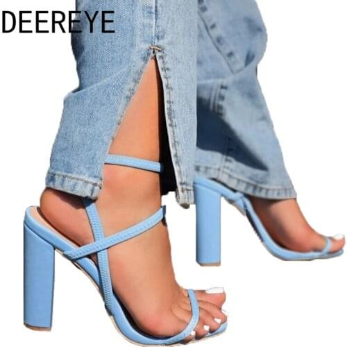 New Slip-On Ankle Cross Thin Elastic Strap Sandals Block High Heel Square Toe Slingback Shoes For Women 2021 Summer Footwear