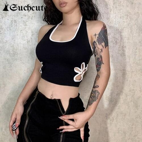SUCHCUTE Floral Hollow Out Women Halter Camis Gothic Sexy Vintage Backless Skinny Tank Tops Harajuku Casual Solid Vest Summer