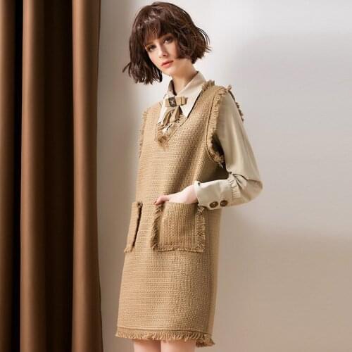 Temperament Tweed Vest Dress Suit Bow Short Blouse Shirts 2 Piece Set Women Sleeveless Ol Work Dress Set Outfit Korean AA5067