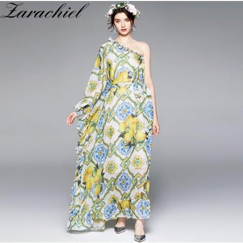 Bohemian Maxi Dress Summer Women Sexy One Shoulder Cascading Ruffles Floral Print Vacation Elegant Belted Loose Long Vestidos